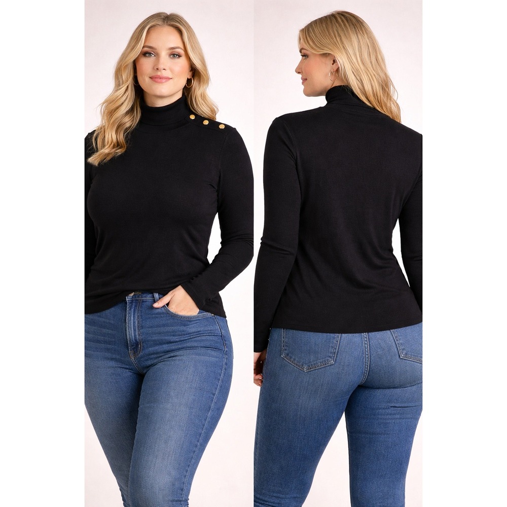 Mock Neck Minimalist Sweater Womens S Black Gold Button Shoulder Dark Academia‎